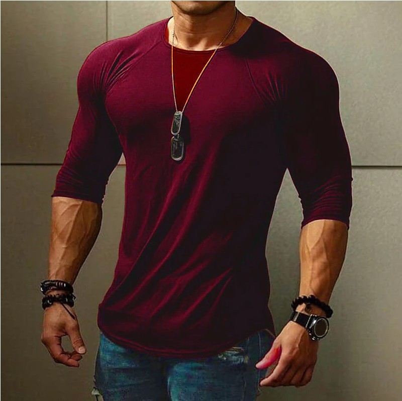 2022 Spring and Summer Cross-border Foreign Trade New Casual Solid Color Men's Round Neck Long-sleeved T-shirt Slim-fit Youth T-shirt