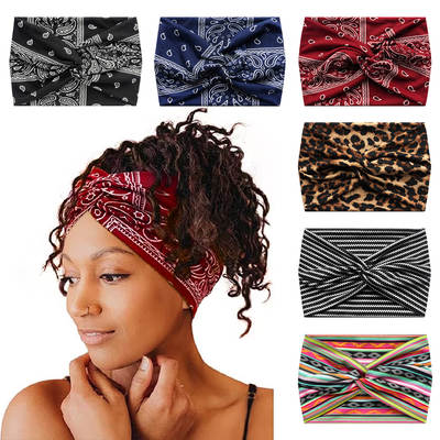 18cm European and American Cross Border Printed Cross Yoga Sports Hair Band Tie Knot Retro Cashew Wide Side Tie Dye Headband Turban