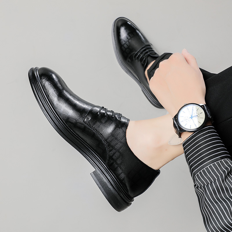 Trendy Business Dress Men's Leather Shoes Men's Shoes Autumn and Winter fleece-lined Cotton Leather Shoes Youth Korean British Black Wedding Shoes