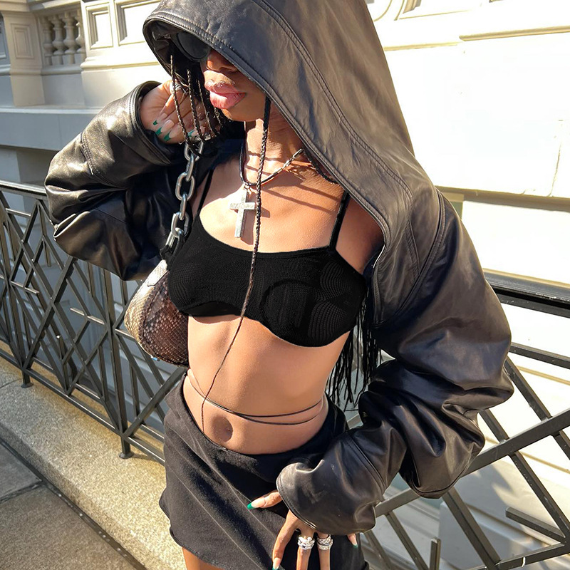 Autumn and Winter new European and American style personalized leather coat solid color loose hooded leather blouse hot girl irregular leather top