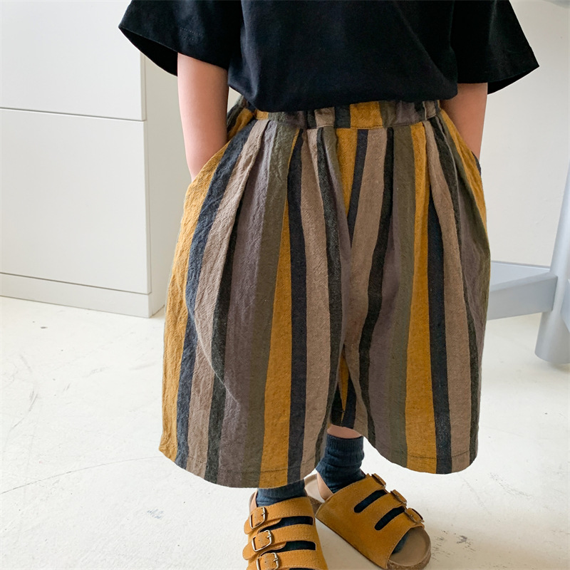 Jiaye Children's 2024 Boys Summer New Cotton and Linen Vertical Stripe Straight Pants Women's Loose Wide-leg Cropped Pants