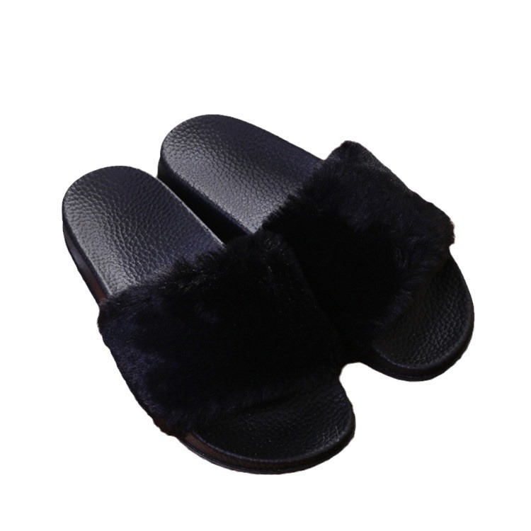2024 new fashion casual autumn and winter plush ladies solid color home one-word flat fluffy slippers wholesale