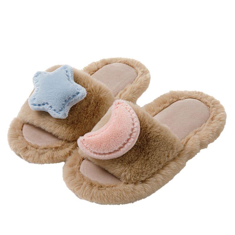 Cross-border ins Star Moon Contrast Open-mouth Cotton Slippers Winter Home Indoor Plush Slippers Women Warm Mao Mao Slippers Women