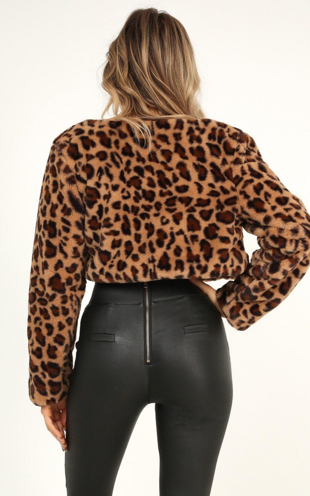 2023 faux Rabbit Fur Coat Women's European and American Foreign trade autumn new leopard print long sleeve short hidden buckle cardigan top plush