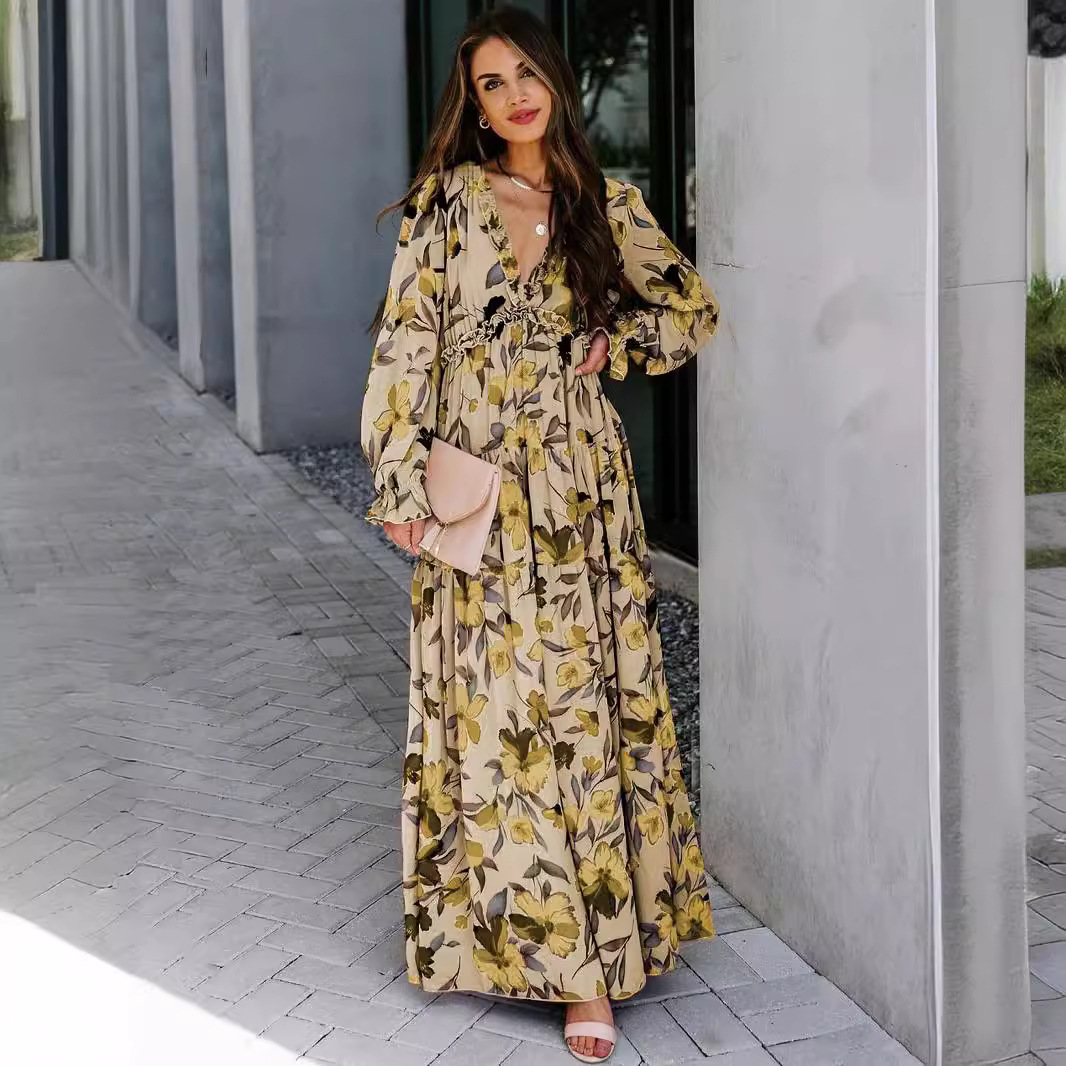 2025 cross-border new long sleeve European and American women's fashion printing fairy style long temperament evening dress dress