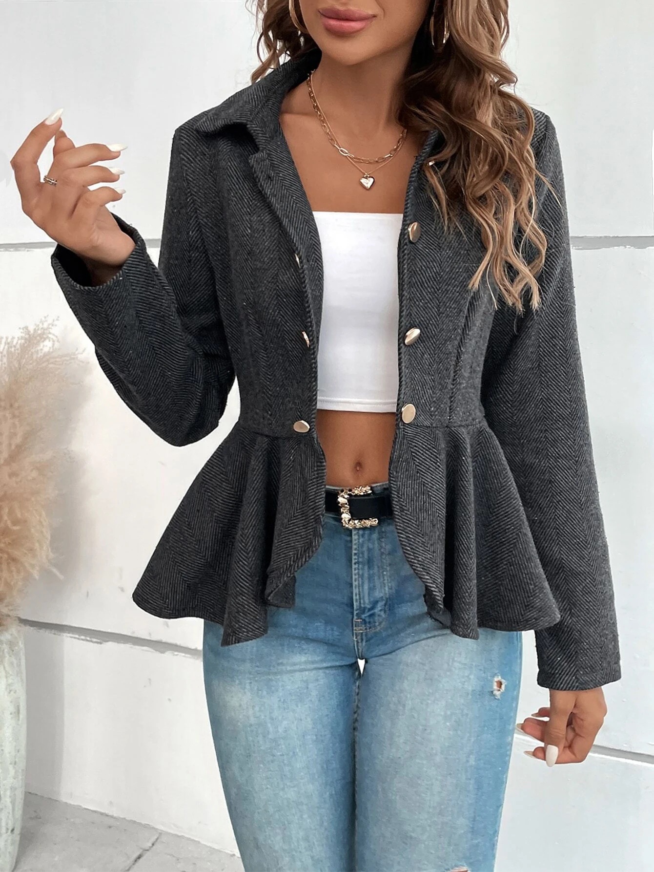 European and American Foreign Trade Cross-border Women's Lapel Jacquard Ruffled Slim-fit Double-breasted Elegant Office Blazer Women