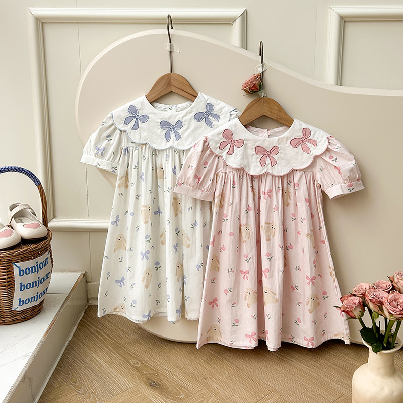 Korean Children's Wear Bow Embroidered Flower Collar Girl's Dress 2024 Summer Bear Print Short-sleeved Princess Dress