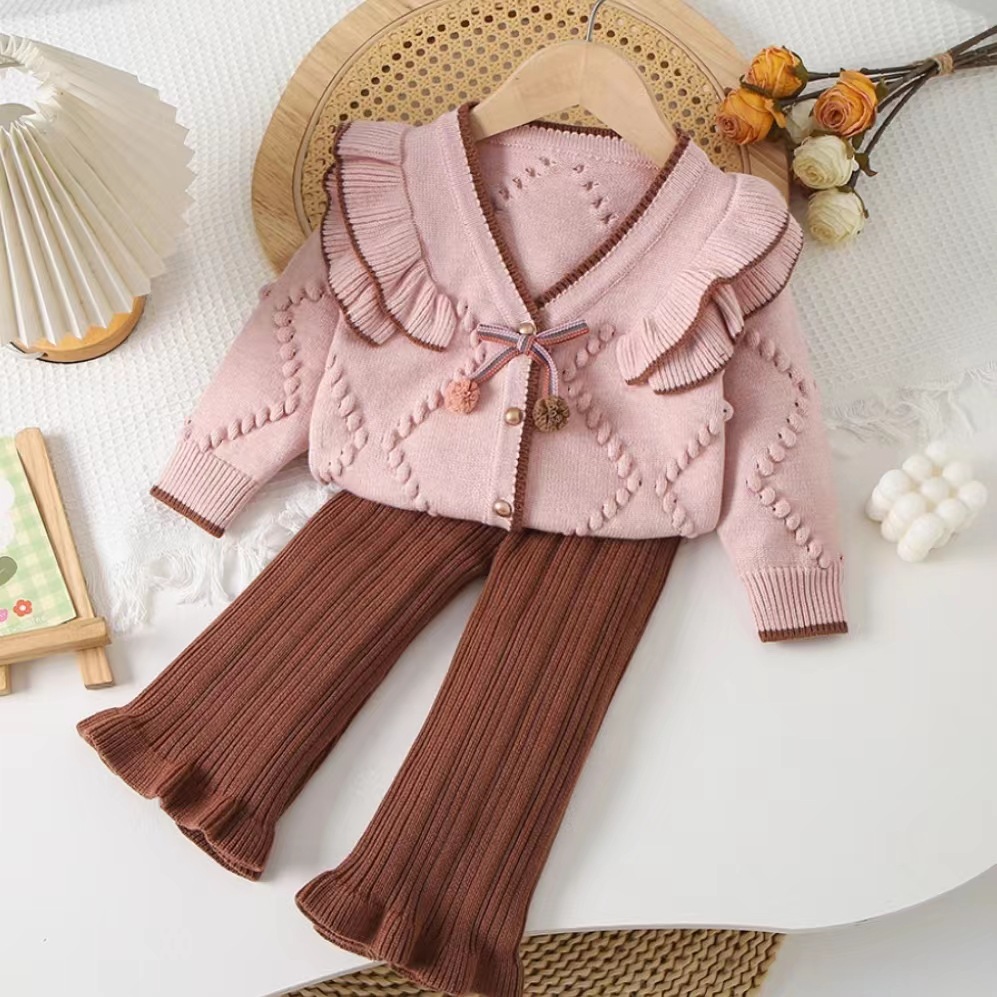 Girls' sweater + flared pants autumn and winter New baby girls' wooden ear open knitted cardigan + Western style flared pants Korean style