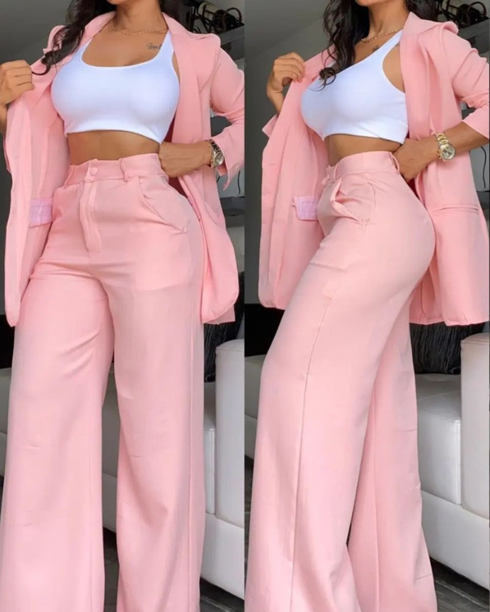 2023 European and American Foreign trade Women's elegant solid color split sleeve lapel suit pocket straight pants suit