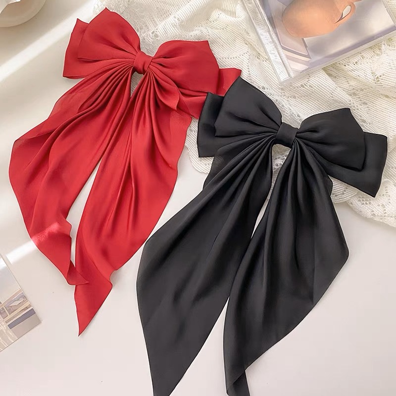 Cross-border satin ribbon bow hair accessories simple temperament female bow hairpin back head spring clip hairpin_voghion.com