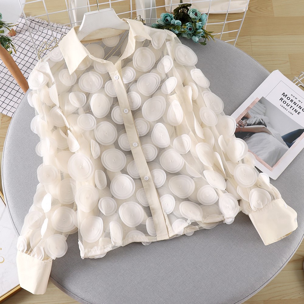 French Court Style Three-dimensional Flower Stage Dress Women's Chiffon Shirt Hollow Lantern Sleeve Stylish Mesh Shirt Women