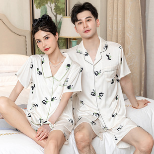 Internet-famous Panda Ice Silk Pajamas Women's Summer Doll Collar Large Lapel Short-sleeved Shorts Thin Home Clothes Men's suit