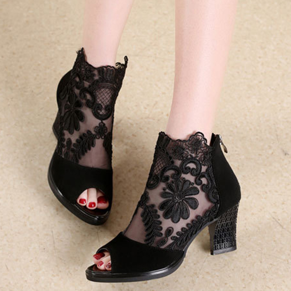 2023 Summer new European and American peep toe lace mesh chunky heel foreign trade plus size women's shoes factory wholesale