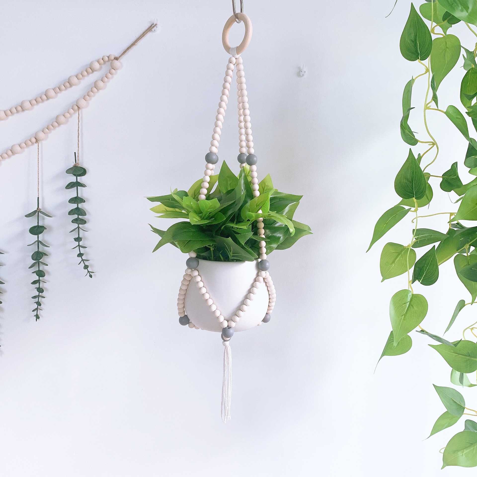 ins Nordic Style Wooden Bead Flower Pot Hanging Basket Hanging Ornaments Home Decoration Creative Bead String Tassel Flower Pot Hanging Basket
