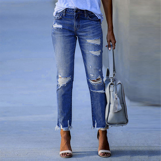 Factory direct 2023 new washed worn tassel ladies jeans Europe and the United States slim stretch leggings wholesale