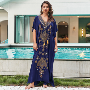 Beach blouse rayon embroidered holiday robe cross border Amazon 23114 L
