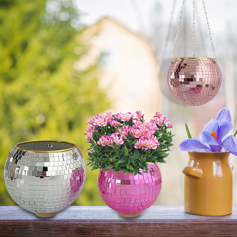 Cross Border Disco Ball Planter Hanging Mirror Spherical Plastic Flower Pot Gardening Hanging Basket Disco Flower Pot