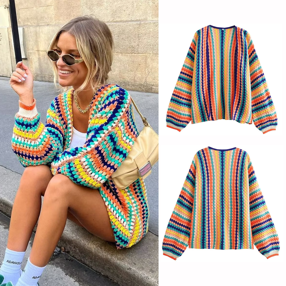 Fall 2023 ethnic style contrast color crochet sweater colorful striped knitted loose cardigan sweater 8LS2768