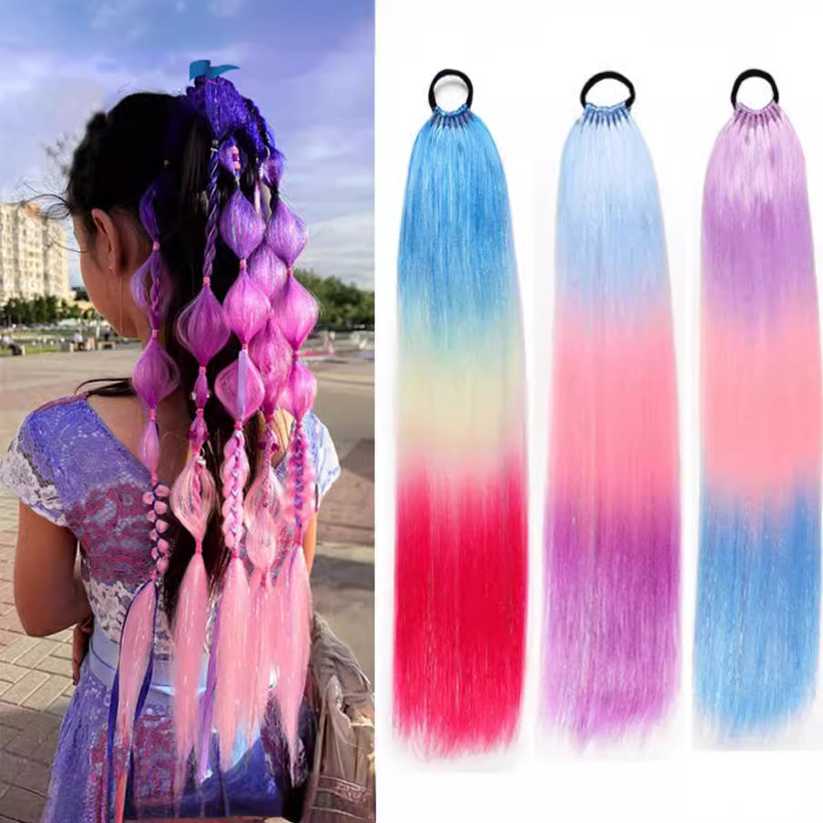 Color Laser silk 9-strand braided hair EZ dirty braid gold silk long ponytail hair extension colorful gradient braid braided wig