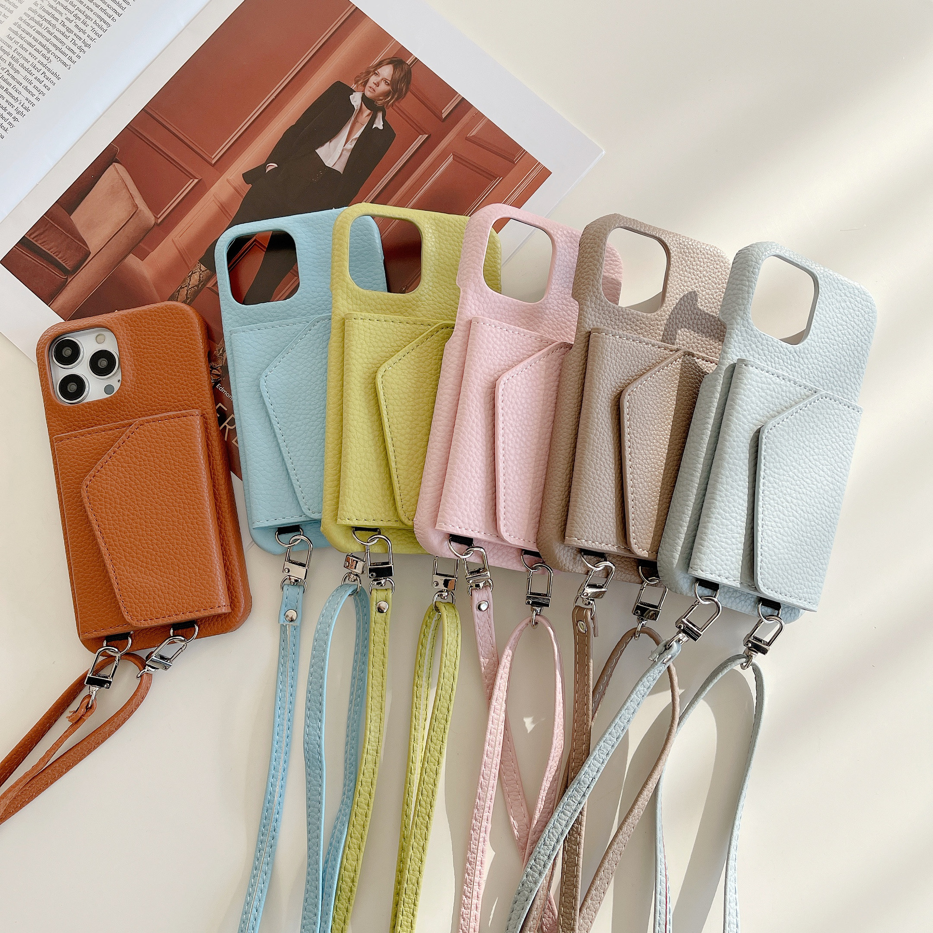 Japanese and Korean Style Card Bag Lanyard Mobile Phone Case for phone16pro Max Apple 15 Leather Beauty Mirror Mobile Phone Case