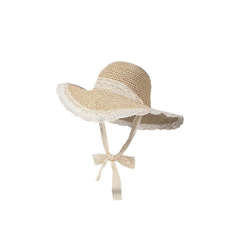 Hollow Ribbon Straw hat female summer seaside vacation straw sun protection hat Japanese beach sweet sun hat