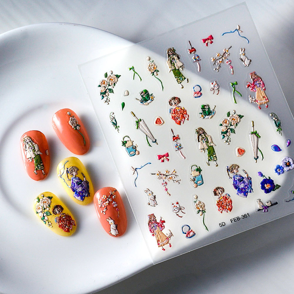New Craft Japanese-style 3D 5D nail stickers embossed oil paper umbrella Kimono Girl nail stickers factory support mixed batch