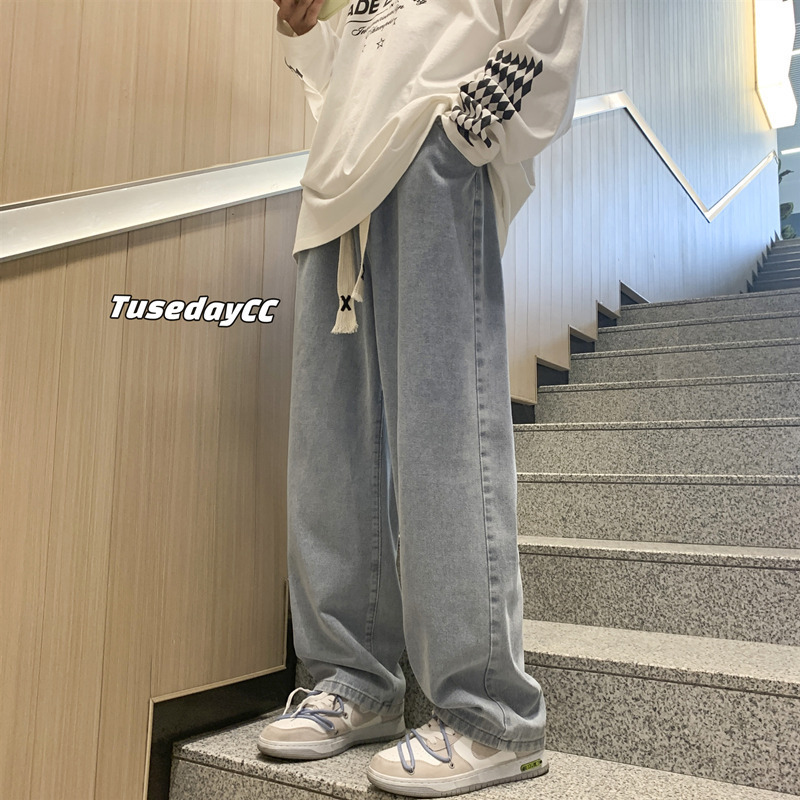 High Street Jeans Men's Autumn Loose Straight Wide Leg Pants Trendy Brand All-match American Style Retro Elastic Waist Casual Pants