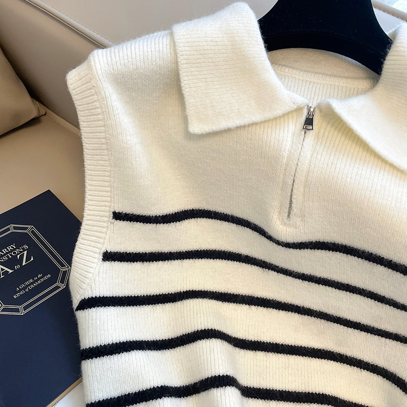 Koreanischen stil retro revers reißverschluss gestreiften gestrickte weste pullover frauen herbst und winter innen tragen äußere tragen temperament weste frauen_voghion.com
