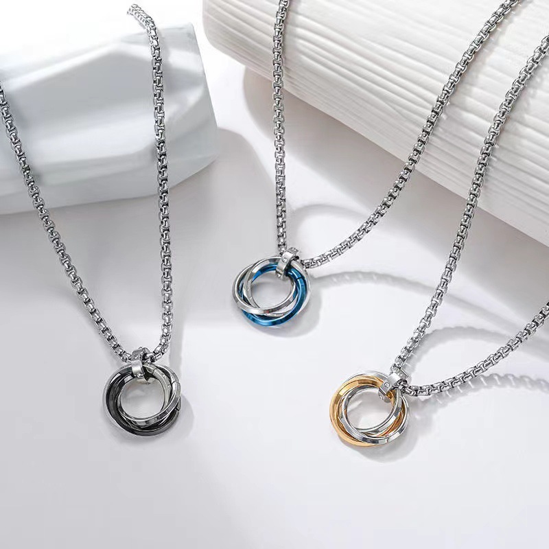 European and American stainless steel three-ring necklace hot-selling simple non-fading hip-hop titanium steel necklace diamond pendant for boys