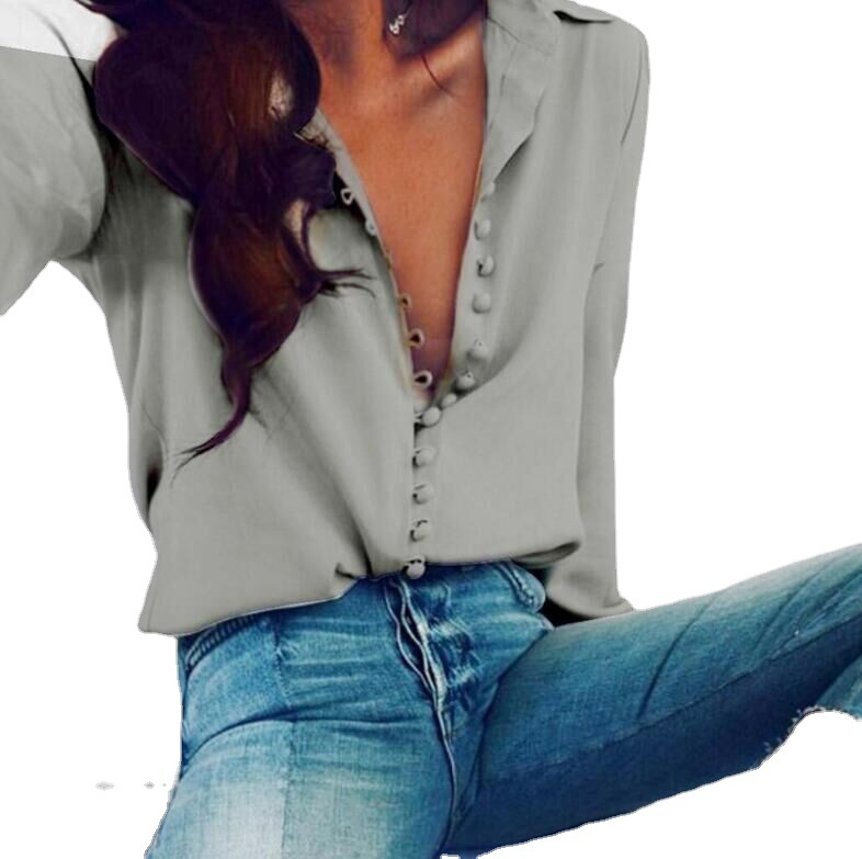 2019 Explosions European and American New Irregular Solid Color V-neck Sexy Buckle Long Sleeve Blouse