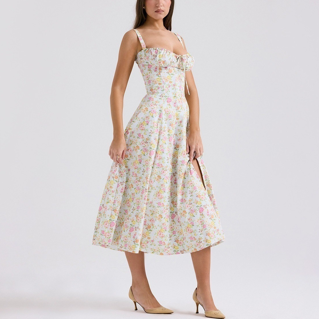 2024 Summer European and American New Women's Slim-fit Split Digital Printed Sling Dress Strap Waist Mid-length Dress