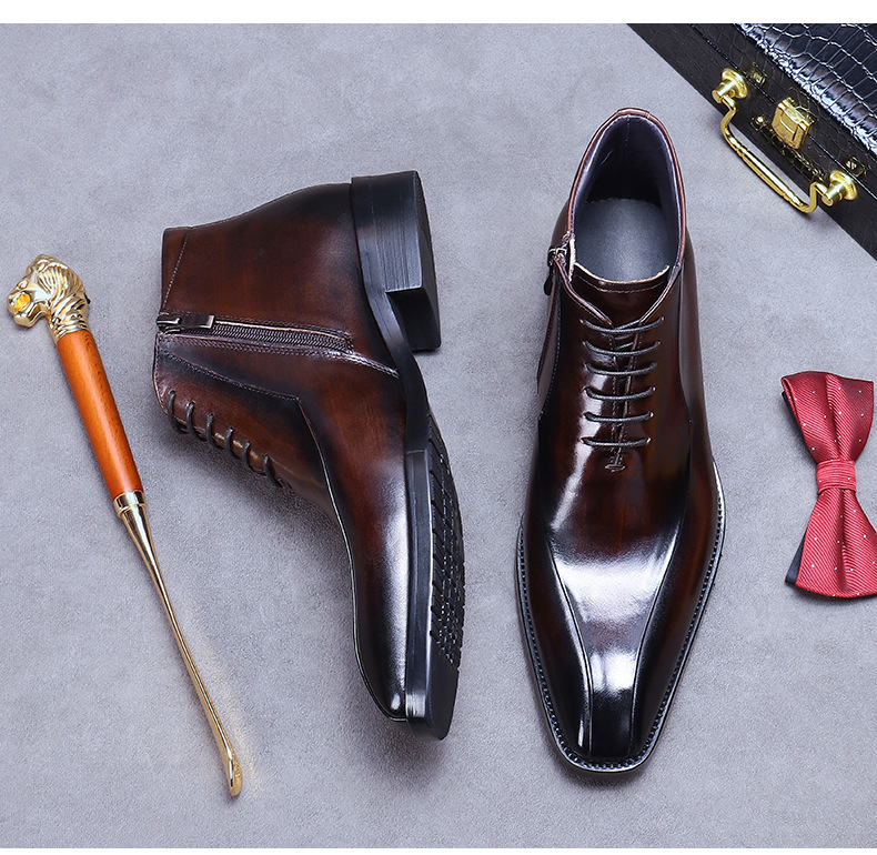 Kožené boty Velkoobchodní továrna Britské martinské boty Pravá kůže Módní společenské boty Špičatá špička Zip Vysoké kožené boty Kotníkové boty_voghion.com