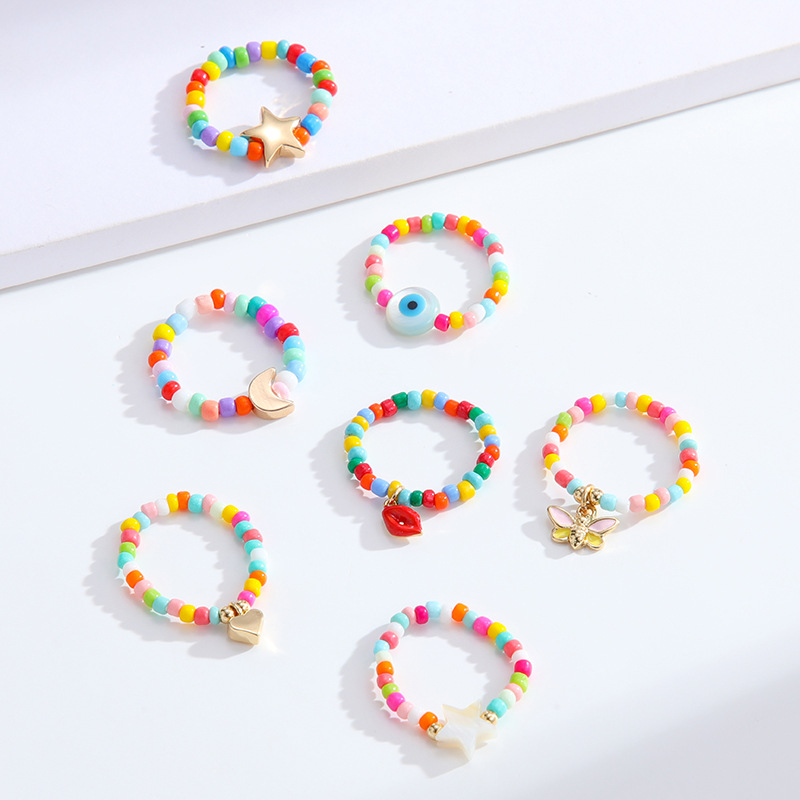 Kentucky Ins Fashion Multi-color Rice Beads Handmade Stringed Star Smiling Face Multi-row Stackable Summer Ring Set for Women