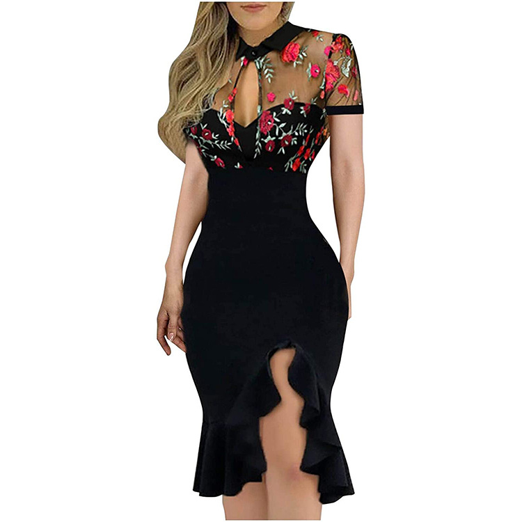 2021 Amazon embroidery beads mesh ruffled dress short sleeve dress spot