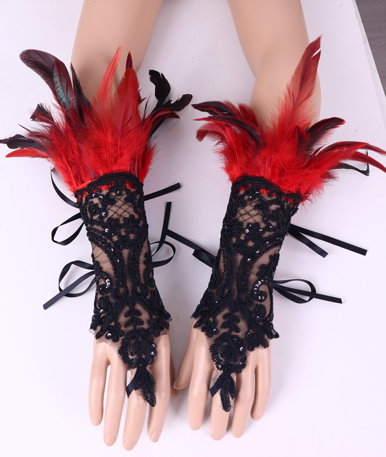  Cross-border Halloween Feather Hook Gloves Party Ball Black Lace Bracelet Sleeve Accessories_voghion.com