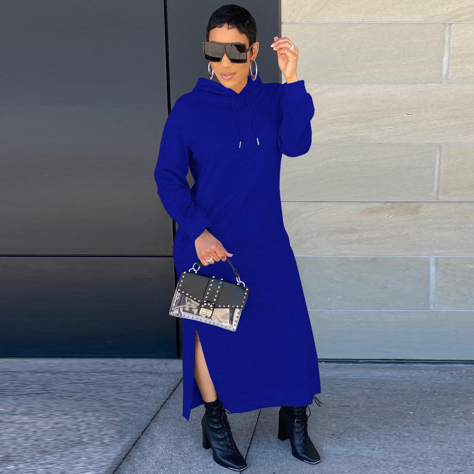 10064 European and American Women's Fashion Casual Solid Color Hooded Sweater Solid Color Dress