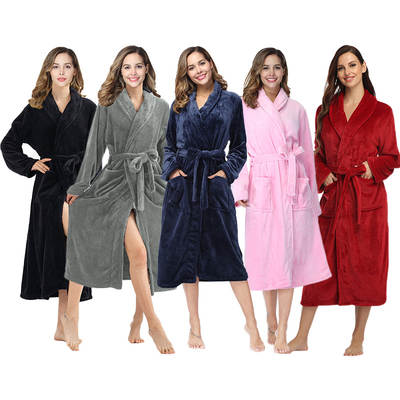 Lapel solid color printed nightgown cross-border bathrobe autumn and winter thickened pajamas long plus size flannel couple home wear