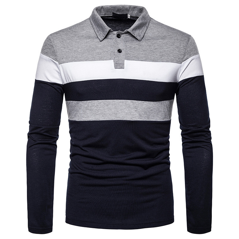 Cross-border autumn and winter new men's chest two-color stitching printed slim-fit lapel buckle commuter European size Long Sleeve POLO