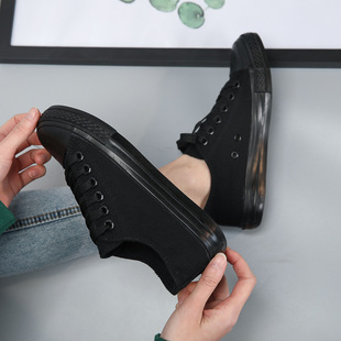 Spring and Autumn Full Black Canvas Shoes Low-top Student Men's Shoes Lace-up Pure Black Work Shoes Flat Couple Casual Women's Shoes