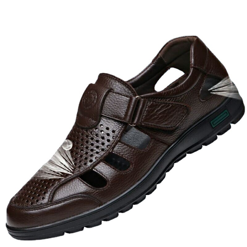 2021 Summer New Cowhide Middle-aged and Elderly Genuine Leather Casual Fashion Hollow Out Dad Soft Sole Sandals Soft Surface Anti-slip Shoes