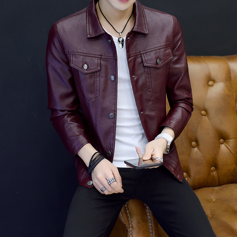 Men's Leather Jacket Autumn and Winter New Korean Style Slim-fit Trendy Handsome Fashion Casual Lapel Leather Jacket Coat for Youth