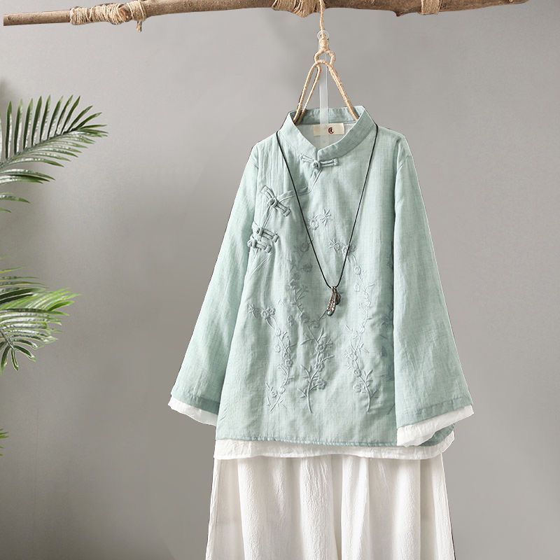 Vintage Embroidered Buckle Cotton Shirt Women's 2025 Spring New Chinese Zen Tea Suit Loose Stitching Round Neck Top