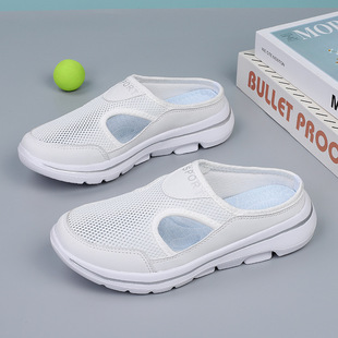 Flying Woven Half-Drag Men's and Women's Shoes 2023 Summer Mesh Top Baotou Low Heel Slippers Thick Bottom Mesh Half-Drag Large Size 4748