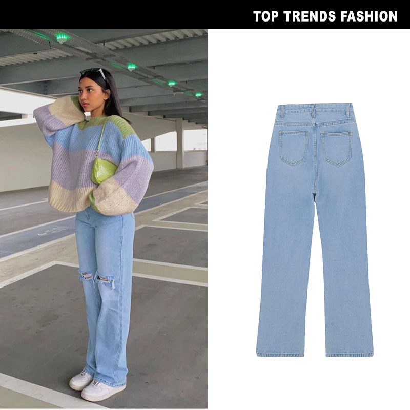 European and American Women's High Waist Loose Street Washable Straight Ripped Denim Pants Elasticless Retro Drooping Micro Horn