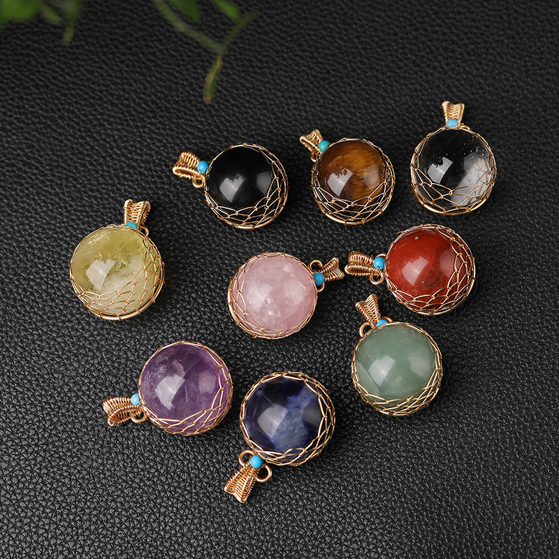 Wholesale natural crystal ball pendant multi-material hand-woven necklace jewelry stone polished cross-border hot sale