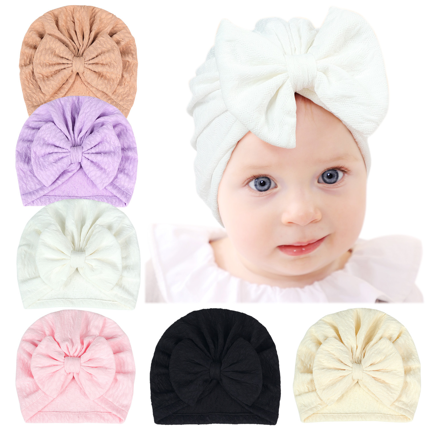 欧美跨境新款儿童胎帽新生儿纯色弹力套头帽婴儿凸点蝴蝶结印度帽