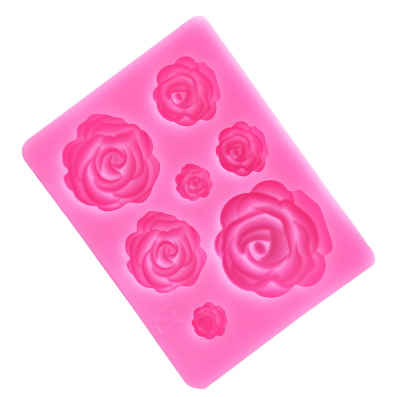 DIY大中小7连3D玫瑰花朵硅胶模具玫瑰花巧克力翻糖烘焙模具