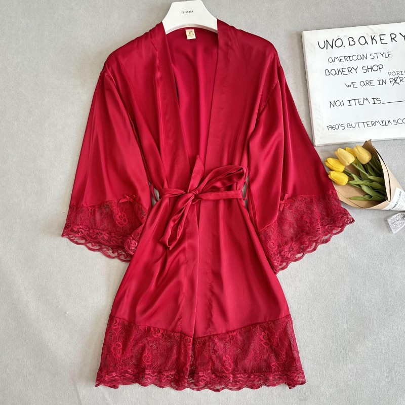 Women's sexy pajamas bride morning gown seductive artificial silk nightdress lace-up bathrobe spring, summer and autumn one-piece