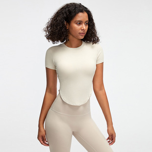 Spring and Summer new rib sports short-sleeved blouse with chest pad fitness clothes women's running T-shirt beauty back tight yoga clothes