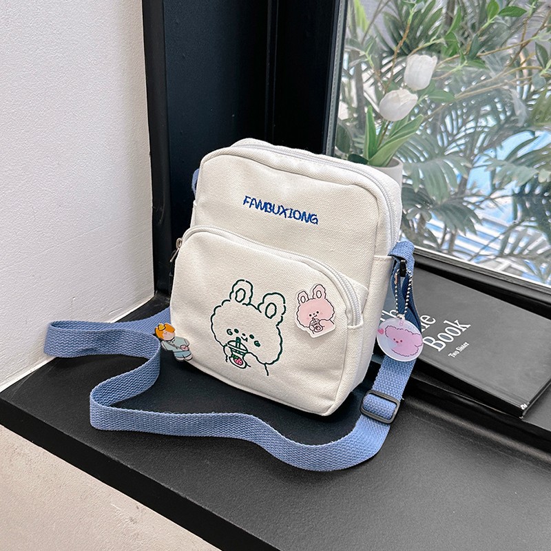 Cute Cartoon Canvas Phone Bag 2023 New Style Printed Trendy Sweet Shoulder Crossbody Bag Women's Preference Bag